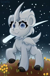 Size: 2544x3850 | Tagged: safe, artist:partypievt, fluffy pony, pony, unicorn, beak, eyebrows, flower, fluffy, hooves, horn, looking at you, ponified, rimworld, sharp horn, shooting star, solo, space, stars, thrumbo, unshorn fetlocks