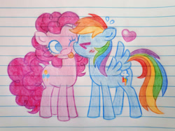 Size: 2435x1824 | Tagged: safe, artist:snackbits, pinkie pie, rainbow dash, earth pony, pegasus, pony, g4, :p, blushing, cheek kiss, cute, dashabetes, diapinkes, duo, duo female, emanata, eyes closed, female, heart, kissing, lesbian, lined paper, mare, no pupils, one eye closed, one wing out, plewds, ship:pinkiedash, shipping, tongue out, traditional art, wings