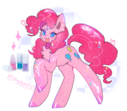 Size: 2048x1789 | Tagged: safe, artist:emoboy130, pinkie pie, earth pony, pony, g4, :3, bandaid, blue eyes, checkered background, chest fluff, colored hooves, colored pinnae, curly mane, curly tail, ear fluff, eyelashes, glitter, glitter pony, long mane, long tail, looking at you, nail polish, open mouth, open smile, pink coat, pink hair, pink hooves, pink mane, pink tail, raised hoof, raised leg, shiny coat, shiny hooves, shrunken pupils, signature, smiling, smiling at you, solo, sparkles, sparkly coat, sparkly mane, sparkly tail, standing, tail