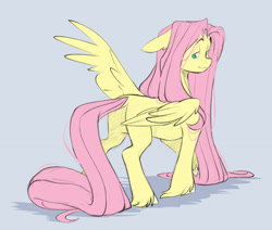 Size: 2048x1735 | Tagged: safe, artist:chub-wub, fluttershy, pony, g4, colored, colored sketch, ear fluff, ears back, floppy ears, hatching (technique), impossibly long mane, impossibly long tail, lidded eyes, long mane, long tail, looking back, male, not rule 63, one wing out, pink hair, pink mane, requested art, shadow, sketch, smiling, solo, stallion, standing, tail, teal eyes, trans fluttershy, trans male, transgender, unshorn fetlocks, wing fluff, wings, yellow coat