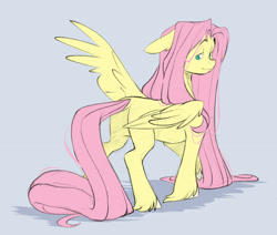 Size: 2048x1735 | Tagged: safe, artist:chub-wub, fluttershy, pegasus, pony, g4, butt, colored, colored sketch, concave belly, ear fluff, ears back, floppy ears, flutterbutt, hatching (technique), impossibly long mane, impossibly long tail, lidded eyes, long mane, long tail, looking back, male, not rule 63, one wing out, pink hair, pink mane, plot, requested art, shadow, sketch, smiling, solo, stallion, standing, tail, teal eyes, trans fluttershy, trans male, transgender, unshorn fetlocks, wing fluff, wings, yellow coat