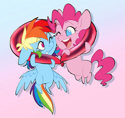 Size: 2048x1943 | Tagged: safe, artist:chub-wub, pinkie pie, rainbow dash, pony, g4, balloon, blue coat, blue eyes, blushing, cheek squish, chibi, colored, colored eyebrows, curly mane, curly tail, duo, duo female, eyelashes, female, gradient background, lesbian, long mane, long tail, looking at each other, looking at someone, mare, multicolored hair, one eye closed, open mouth, open smile, outline, pink coat, pink eyes, pink hair, pink mane, pink tail, rainbow hair, rainbow tail, requested art, shadow, ship:pinkiedash, shipping, smiling, smiling at each other, squishy cheeks, tail, teeth, tongue out, wings, wings down