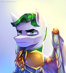 Size: 2734x3000 | Tagged: safe, artist:opal_radiance, oc, oc only, oc:togfort beacon, pegasus, pony, eyebrow slit, eyebrows, frown, gradient background, high res, male, partially open wings, pegasus oc, signature, solo, stallion, wings