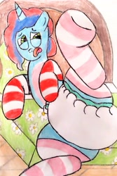 Size: 2143x3205 | Tagged: safe, artist:bitter sweetness, misty brightdawn, unicorn, g5, my little pony: a new generation, my little pony: make your mark, my little pony: tell your tale, abdl, adult foal, bed, clothes, diaper, diaper fetish, father and child, father and daughter, female, fetish, horn, lying down, lying on bed, male, mattress, non-baby in diaper, on bed, open mouth, poofy diaper, socks, striped socks, traditional art