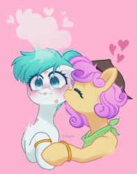 Size: 1540x1941 | Tagged: safe, artist:inkp0ne, lovestruck, oc, oc:lucid mirage, oc:quickdraw, blushing, commissioner:dhs, cowboy hat, cute, freckles, handkerchief, happy, hat, heart, heart eyes, holding hooves, hoof ring, kiss mark, lipstick, love, simple background, smooch, steam, wingding eyes