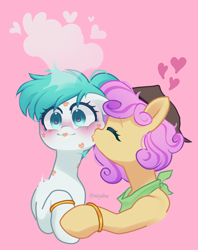 Size: 1540x1941 | Tagged: safe, artist:inkp0ne, oc, oc only, oc:lucid mirage, oc:quickdraw, blushing, commissioner:dhs, cowboy hat, cute, duo, duo female, female, freckles, handkerchief, happy, hat, heart, heart eyes, holding hooves, hoof ring, kiss mark, lesbian, lipstick, love, simple background, smooch, steam, wingding eyes