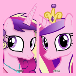 Size: 1080x1080 | Tagged: safe, artist:andoanimalia, artist:anime-equestria, edit, editor:jaredking779, princess cadance, alicorn, pony, g4, crown, ear piercing, earring, female, jewelry, mare, necklace, piercing, pink background, regalia, self paradox, self ponidox, simple background, solo, then and now
