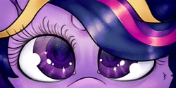 Size: 4096x2048 | Tagged: safe, artist:stinkygooby, twilight sparkle, alicorn, pony, g4, close-up, crossover, extreme close-up, eye lashes, eye reflection, female, high res, looking at you, mare, reflection, solo, twilight sparkle (alicorn)