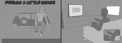 Size: 3228x1141 | Tagged: safe, artist:ivanfromafar, human, comic:feeling a little horse, comic, couch, grayscale, male, monochrome, remote, solo, television