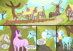 Size: 2283x1614 | Tagged: safe, artist:ivanfromafar, amethyst star, derpy hooves, lyra heartstrings, sparkler, earth pony, pony, unicorn, comic:feeling a little horse, g4, butt, comic, dialogue, female, fence, hoers, horn, mare, path, plot, ponyville, tongue out, windmill, wingless