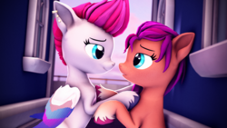 Size: 3840x2160 | Tagged: safe, artist:psfmer, sunny starscout, zipp storm, earth pony, pegasus, pony, g4, g5, my little pony: a new generation, 3d, colored wings, duo, duo female, female, g5 to g4, generation leap, high res, lesbian, mare, multicolored wings, ship:sunnystorm, shipping, source filmmaker, unshorn fetlocks, wings