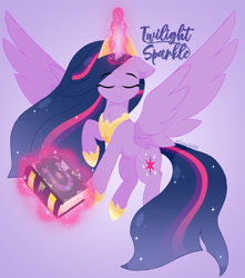 Size: 2665x3009 | Tagged: safe, artist:emyart18, twilight sparkle, alicorn, pony, g4, the last problem, book, crown, female, friendship journal, high res, hoof shoes, jewelry, magic, mare, older, older twilight, older twilight sparkle (alicorn), peytral, princess twilight 2.0, regalia, spread wings, telekinesis, twilight sparkle (alicorn), wings
