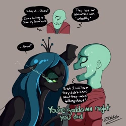 Size: 3000x3000 | Tagged: safe, artist:inuyuru, queen chrysalis, oc, oc:anon, changeling, changeling queen, human, dialogue, duo, duo male and female, female, glowing, glowing eyes, gray background, high res, male, open mouth, simple background, speech bubble, sweat, wavy mouth, yandere