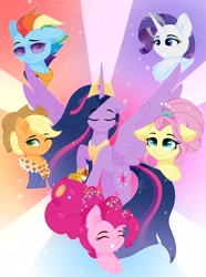 Size: 3043x4096 | Tagged: safe, artist:emyart18, applejack, fluttershy, pinkie pie, rainbow dash, rarity, twilight sparkle, alicorn, earth pony, pegasus, pony, unicorn, g4, crown, cute, eyes closed, female, glasses, hoof shoes, horn, jewelry, looking at you, mane six, older, older applejack, older fluttershy, older mane six, older pinkie pie, older rainbow dash, older rarity, older twilight, older twilight sparkle (alicorn), one eye closed, peytral, princess twilight 2.0, regalia, simple background, smiling, smiling at you, spread wings, twilight sparkle (alicorn), wings