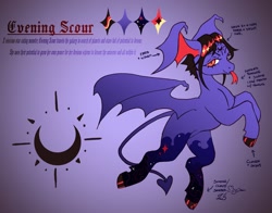 Size: 2100x1650 | Tagged: safe, artist:slimeprints, oc, oc only, oc:evening scour, demon, demon pony, pony, arrow, cloven hooves, female, forked tongue, gradient background, mare, reference sheet, solo, spaded tail, spread wings, tail, text, tongue out, wing ears, wings