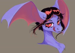 Size: 4096x2892 | Tagged: safe, artist:slimeprints, oc, oc only, oc:evening scour, demon, demon pony, pony, bat wings, bust, fangs, female, forked tongue, gray background, licking, licking lips, mare, redesign, simple background, solo, tongue out, wing ears, wings