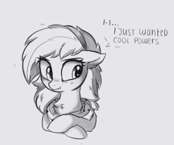 Size: 847x708 | Tagged: safe, artist:aureai-sketches, oc, oc only, oc:valkiria, bat pony, pony, black and white, bust, chest fluff, dialogue, ear fluff, fangs, female, grayscale, hairband, mare, monochrome, simple background, solo, speech bubble, white background