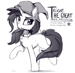 Size: 1036x1006 | Tagged: safe, artist:aureai-sketches, trixie, pony, unicorn, g4, black and white, bow, chest fluff, choker, ear fluff, female, fetlock tuft, grayscale, hat, horn, mare, monochrome, mouth hold, simple background, sketch, solo, tail, tail bow, wand, white background, witch hat