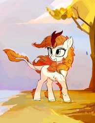 Size: 1548x2000 | Tagged: safe, artist:aureai-sketches, autumn blaze, kirin, g4, chest fluff, cloven hooves, female, leonine tail, mare, raised hoof, smiling, solo, tail, tree