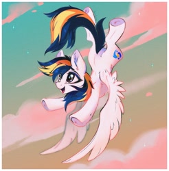 Size: 3000x3053 | Tagged: safe, artist:aureai, oc, oc only, oc:huracata, pegasus, pony, commission, ear fluff, female, flying, hoof fluff, mare, open mouth, open smile, smiling, solo, spread wings, wings