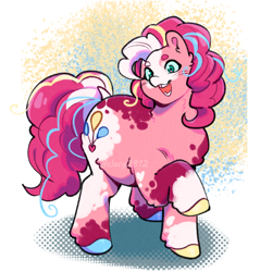 Size: 738x773 | Tagged: safe, artist:clacy2812, pinkie pie, earth pony, pony, alternate design, coat markings, female, hooves, mare, multicolored hooves, open mouth, open smile, raised hoof, smiling, solo