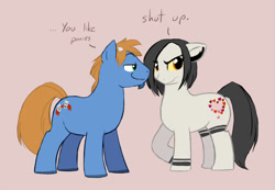 Size: 647x449 | Tagged: safe, artist:dragon-chan, oc, oc only, earth pony, pony, brony, dialogue, duo, embarrassed, simple background, smug