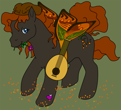 Size: 650x588 | Tagged: safe, artist:vorpaldragon, oc, oc only, flutter pony, pony, g1, flower, flower in mouth, lute, mouth hold, musical instrument, simple background, solo