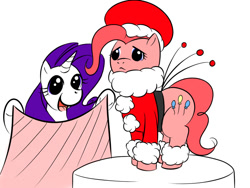 Size: 800x600 | Tagged: safe, artist:kloudmutt, pinkie pie, rarity, earth pony, pony, christmas, clothes, costume, duo, duo female, female, holiday, mare, open mouth, open smile, podium, santa costume, simple background, smiling, white background