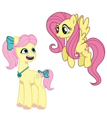 Size: 640x725 | Tagged: safe, artist:jazzhooves, edit, fluttershy, posey bloom, earth pony, pegasus, pony, g4, g5, my little pony: tell your tale, bow, duo, duo female, female, flying, hair bow, jewelry, looking at each other, looking at someone, necklace, open mouth, open smile, palette swap, ponytail, recolor, simple background, smiling, tail, tail bow, white background