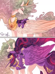 Size: 1152x1536 | Tagged: safe, artist:sorninay, princess celestia, twilight sparkle, alicorn, pony, unicorn, g4, comic, crown, duo, duo female, female, filly, filly twilight sparkle, folded wings, hoof shoes, horn, jewelry, large wings, long horn, long mane, momlestia, necklace, older, older twilight, older twilight sparkle (alicorn), partially open wings, peytral, ponies riding ponies, princess twilight 2.0, regalia, riding, riding a pony, simple background, smiling, tall, twilight sparkle (alicorn), unicorn twilight, unshorn fetlocks, white background, wings, younger