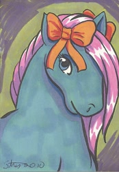 Size: 728x1048 | Tagged: safe, artist:lizstaley, bow tie (g1), earth pony, pony, g1, bow, bust, portrait, solo, traditional art