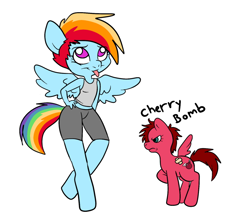 Size: 700x612 | Tagged: safe, artist:technicolor pie, rainbow dash, oc, oc:cherry bomb, pegasus, pony, anthro, unguligrade anthro, g4, :p, duo, female, grumpy, missing wing, simple background, tongue out, white background