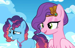 Size: 640x408 | Tagged: safe, artist:frankly_hopeless, misty brightdawn, pipp petals, pegasus, pony, unicorn, g4, g5, cloud, crown, duo, duo female, female, g5 to g4, generation leap, gradient mane, horn, jewelry, lidded eyes, necklace, open mouth, open smile, rebirth misty, regalia, sky, smiling