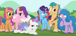 Size: 640x308 | Tagged: safe, artist:frankly_hopeless, hitch trailblazer, izzy moonbow, misty brightdawn, pipp petals, sunny starscout, zipp storm, earth pony, pegasus, pony, unicorn, g4, g5, bag, blaze (coat marking), bracelet, coat markings, colored wings, crown, facial markings, female, friendship bracelet, g5 to g4, generation leap, gradient mane, hoof on chest, horn, jewelry, lidded eyes, male, mane five, mane six (g5), multicolored wings, necklace, open mouth, open smile, rebirth misty, regalia, saddle bag, smiling, socks (coat markings), wings