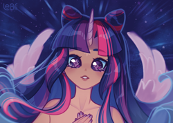 Size: 2528x1795 | Tagged: safe, artist:lenori, derpibooru exclusive, twilight sparkle, alicorn, human, hybrid, g4, bare shoulder portrait, bare shoulders, bust, digital art, female, humanized, illustration, portrait, solo, stars, twilight sparkle (alicorn)