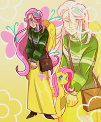 Size: 1280x1550 | Tagged: safe, artist:sleepparaclownsis, fluttershy, human, pegasus, pony, g4, bag, blushing, clothes, cute, duo, duo female, ear piercing, earring, female, freckles, humanized, jewelry, long skirt, mare, necklace, piercing, self paradox, self ponidox, shyabetes, skirt, sweater, sweatershy, winged humanization, wings