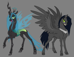 Size: 2600x2000 | Tagged: safe, artist:dementra369, queen chrysalis, oc, oc:ruby drop, changeling, changeling queen, pegasus, pony, g4, concave belly, pegasus oc, physique difference, slender, thin