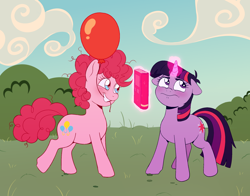 Size: 2284x1788 | Tagged: safe, artist:bitchin91, pinkie pie, twilight sparkle, earth pony, pony, unicorn, balloon, blushing, book, bush, cloud, duo, duo female, female, filly, filly pinkie pie, filly twilight sparkle, glowing, glowing horn, grass, horn, lesbian, magic, mouth hold, ship:twinkie, shipping, unicorn twilight, younger