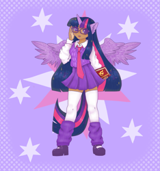 Size: 1669x1781 | Tagged: safe, artist:sincerelyblossom, twilight sparkle, human, g4, alicorn humanization, book, clothes, dark skin, eared humanization, female, glasses, hammer and sickle, horned humanization, humanized, leg warmers, necktie, shirt, shoes, skirt, solo, stockings, sweater vest, tail, tailed humanization, thigh highs, vest, winged humanization