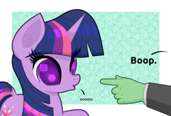 Size: 2200x1500 | Tagged: safe, artist:scandianon, twilight sparkle, oc, oc:anon, pony, unicorn, g4, abstract background, boop, cute, duo, duo male and female, female, hand, horn, imminent boop, looking at someone, male, mare, twiabetes, unicorn twilight