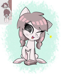 Size: 1400x1700 | Tagged: safe, artist:scandianon, oc, oc only, oc:velveteen, earth pony, pony, blushing, female, filly, foal, looking at you, one eye closed, open mouth, open smile, raised hoof, sitting, smiling, solo, wink, winking at you