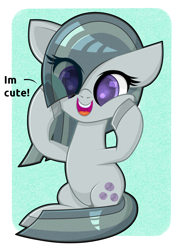Size: 1420x1950 | Tagged: safe, artist:scandianon, marble pie, earth pony, pony, g4, abstract background, cute, daaaaaaaaaaaw, eye clipping through hair, female, floppy ears, hoof on cheek, i'm cute, marblebetes, mare, open mouth, open smile, sitting, smiling, squishy cheeks, talking