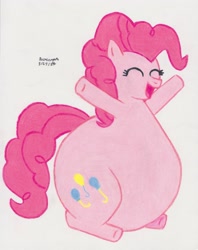 Size: 2535x3199 | Tagged: safe, artist:drchrisman, pinkie pie, earth pony, pony, g4, belly, big belly, bottom heavy, colored pencil drawing, eyes closed, fat, morbidly obese, obese, open mouth, open smile, piggy pie, pudgy pie, smiling, solo, traditional art