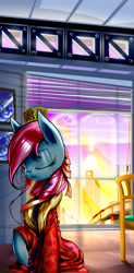 Size: 628x1272 | Tagged: safe, artist:terkatoriam, oc, oc only, oc:maredrid, pony, blinds, chair, female, madrid, mare, solo, spain, summer wrap up festival, telephone pole, window