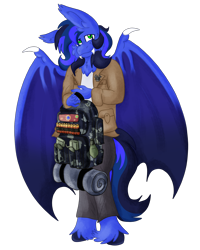 Size: 2000x2500 | Tagged: safe, artist:euspuche, oc, oc only, oc:guard cobalt flash, bat pony, anthro, backpack, bat pony oc, clothes, jacket, male, unshorn fetlocks