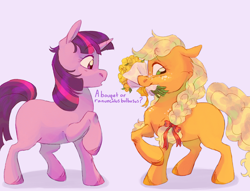Size: 1700x1300 | Tagged: safe, artist:abbytabbys, applejack, twilight sparkle, earth pony, pony, unicorn, g4, blank flank, blonde hair, blush lines, blushing, body freckles, bouquet, bow, braid, colored eyebrows, colored hooves, cute, dialogue, duo, ear fluff, eyebrows, eyebrows visible through hair, eyelashes, facing each other, female, filly, filly applejack, filly twilight sparkle, floppy ears, flower, foal, freckles, hair bow, horn, jackabetes, lesbian, long hair, looking at something, looking back, mouth hold, multicolored hair, open mouth, orange coat, profile, purple background, purple coat, purple eyes, raised hoof, shadow, shiny hair, ship:twijack, shipping, simple background, standing, surprised, tail, talking, text, tied mane, twiabetes, unicorn twilight, unshorn fetlocks, wall of tags, younger