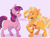 Size: 1700x1300 | Tagged: safe, artist:abbytabbys, applejack, twilight sparkle, earth pony, pony, unicorn, g4, alternate universe, blonde hair, blonde mane, blonde tail, blushing, body freckles, bouquet, colored, colored eyebrows, colored hooves, dialogue, duo, duo female, ears back, eyebrows, eyebrows visible through hair, eyelashes, facing each other, female, filly, filly applejack, filly twilight sparkle, floppy ears, flower, foal, freckles, gray background, horn, lesbian, long hair, long mane, long tail, looking at something, mouth hold, multicolored hair, multicolored mane, multicolored tail, open mouth, orange coat, orange hooves, ponytail, profile, purple coat, purple eyes, purple hooves, purple text, raised hoof, shadow, shiny mane, shiny tail, ship:twijack, shipping, simple background, standing, tail, talking, text, tied mane, tied tail, unicorn horn, unicorn twilight, unshorn fetlocks, younger