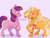 Size: 1700x1300 | Tagged: safe, artist:abbytabbys, applejack, twilight sparkle, earth pony, pony, unicorn, g4, bangs, blank flank, blonde hair, blush lines, blushing, body freckles, bouquet, bow, braid, colored eyebrows, colored hooves, cute, dialogue, duo, ear fluff, eyebrows, eyebrows visible through hair, eyelashes, facing each other, female, filly, filly applejack, filly twilight sparkle, floppy ears, flower, foal, freckles, hair bow, hatless, hooves, horn, jackabetes, lesbian, long hair, looking at something, looking back, missing accessory, mouth hold, multicolored hair, open mouth, orange coat, profile, purple background, purple coat, purple eyes, raised hoof, shadow, shiny hair, ship:twijack, shipping, simple background, standing, surprised, tail, talking, text, tied mane, twiabetes, unicorn twilight, unshorn fetlocks, wall of tags, younger