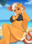 Size: 1564x2200 | Tagged: safe, artist:munrei, oc, oc:sweet cream, anthro, beach, beach hat, bikini, black bikini, black swimsuit, blushing, clothes, commission, female, freckles, looking at you, ocean, outdoors, partially open wings, side-tie bikini, solo, string bikini, swimsuit, water, wings, ych result