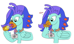 Size: 3069x1830 | Tagged: safe, artist:supahdonarudo, oc, oc only, oc:sea lilly, classical hippogriff, hippogriff, camera, eating, food, holding, jewelry, lemon, necklace, nom, simple background, tongue out, transparent background